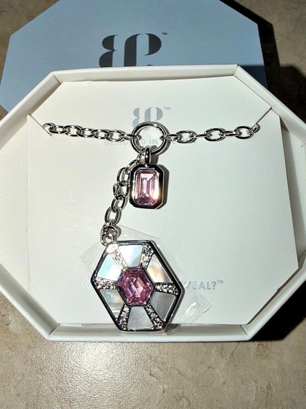 Bomb Party Necklace-Showstopper Mother of Pearl & Rose Quartz on Rhodium
